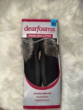 dearfoams Black Memory Foam Slippers with Faux Fur Trim - Size 10